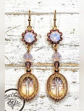 Victorian Swarovski  Pink Flower Crystal W/ Pink Opaline In Gold Plated Earrings